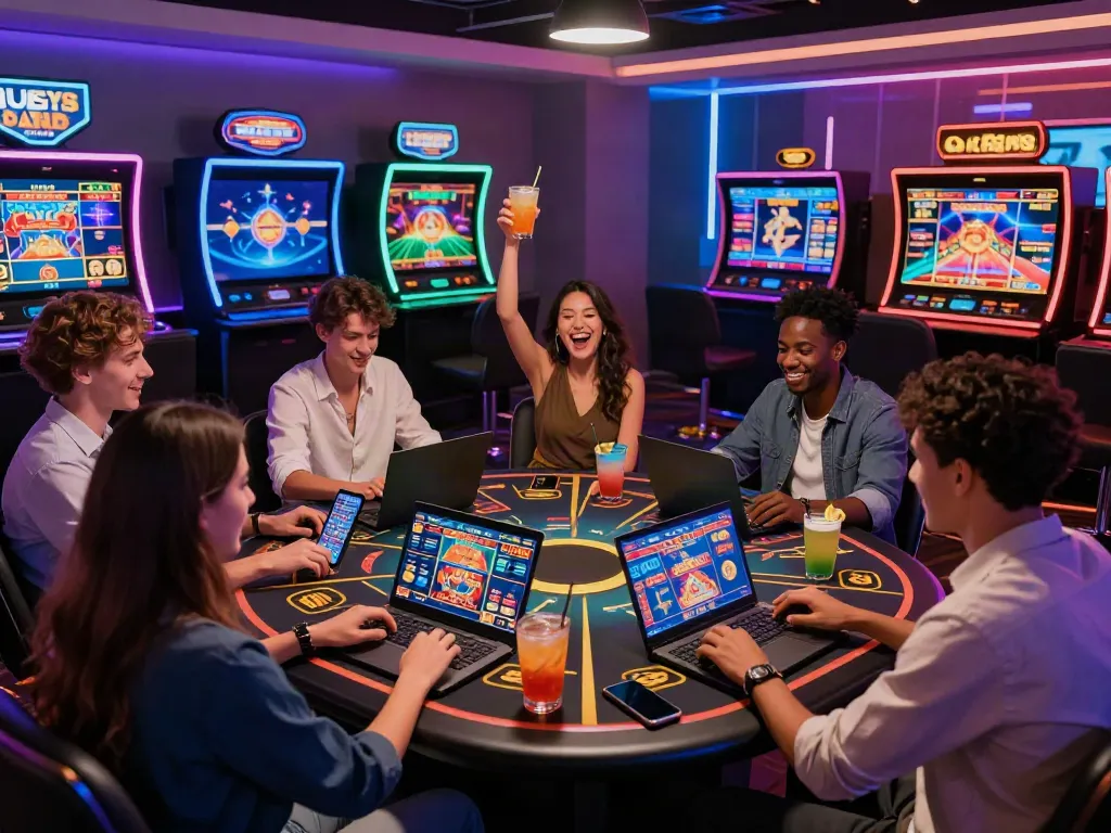 Friends enjoying a lively gaming session at a UK online casino not on Gamstop.