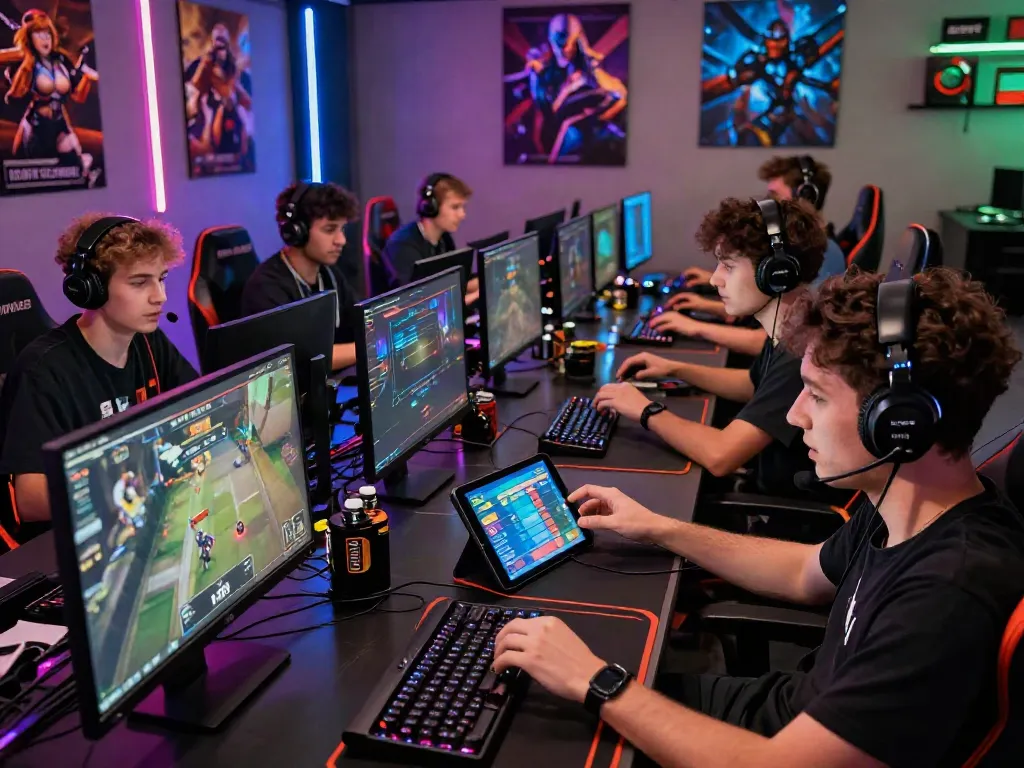 Gamers engaging in online betting at DA88, showcasing a vibrant and energetic gaming studio environment.