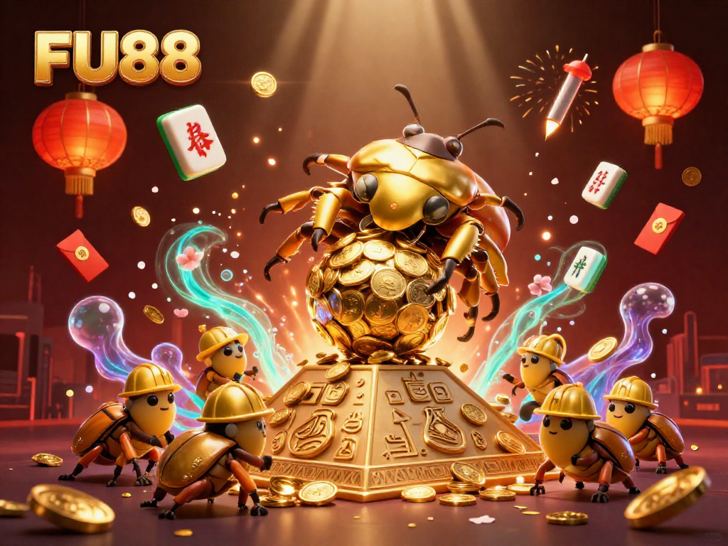 Engage in thrilling gameplay at FU88, where a golden dung beetle rolls coins amidst dazzling casino symbols.