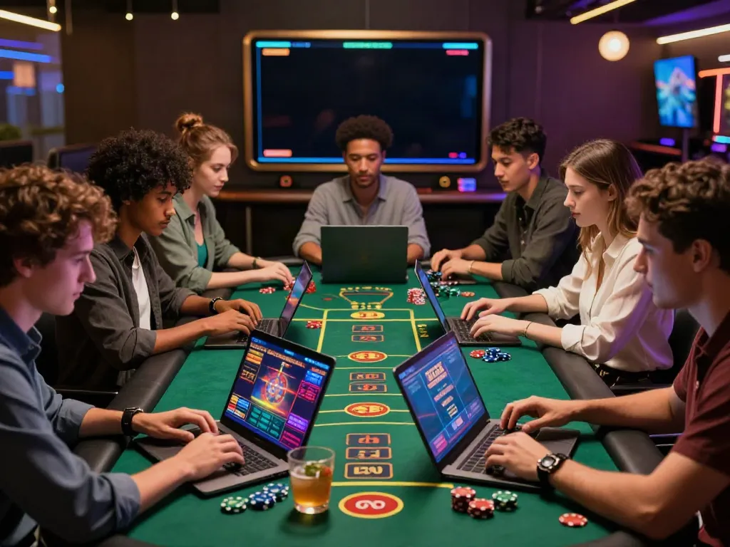 Group enjoying online casino games not on Gamstop in a modern setting.