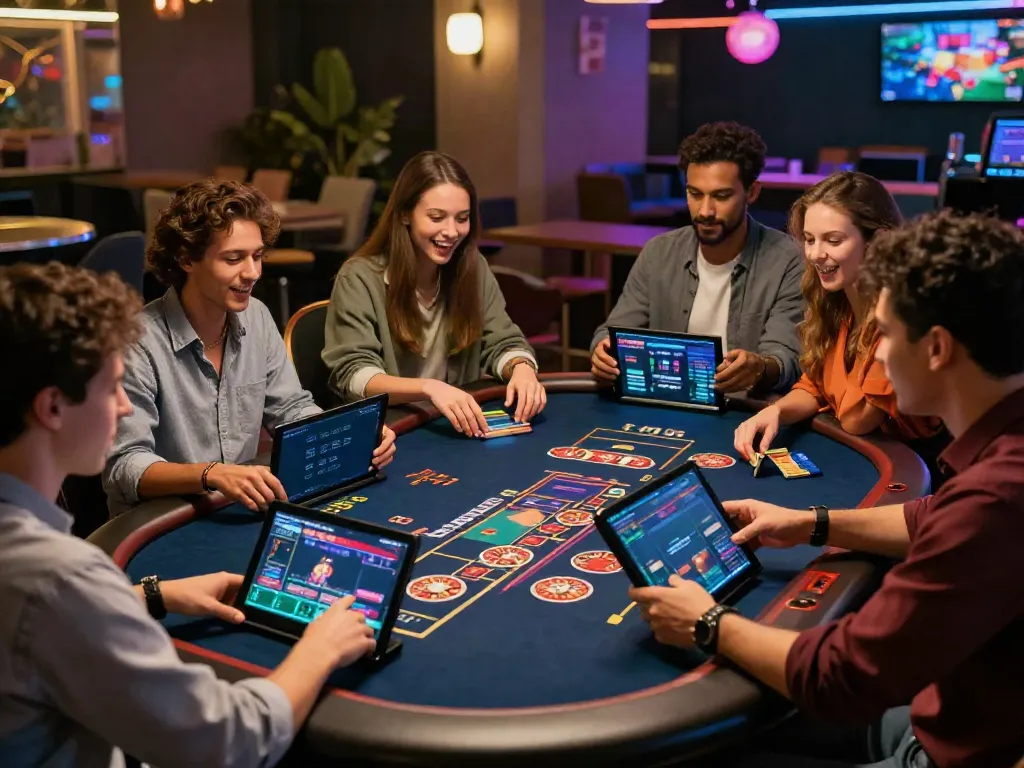 Fun group enjoying a game night at a UK online casino not on GamStop with vibrant atmosphere and modern decor.