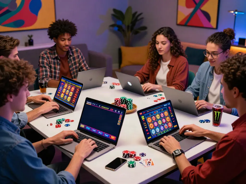 Group enjoying an online casino session not on GamStop with laptops and gaming accessories.