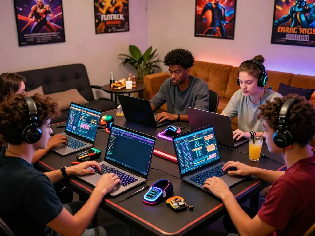 Exciting scene of friends enjoying a uk online casino not on gamstop in a cozy game room atmosphere.