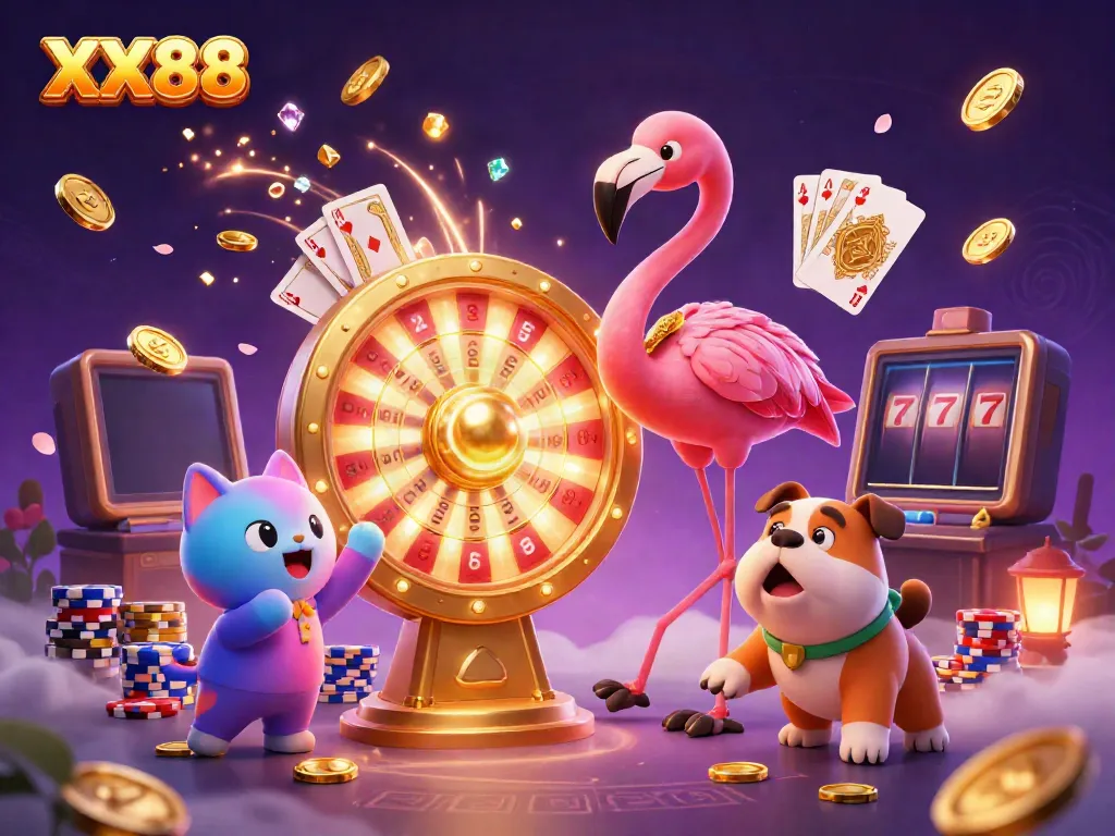 Experience the excitement of casino gaming with XX88's vibrant 3D illustration showcasing a game show host, bulldog contestant, and animated prizes.