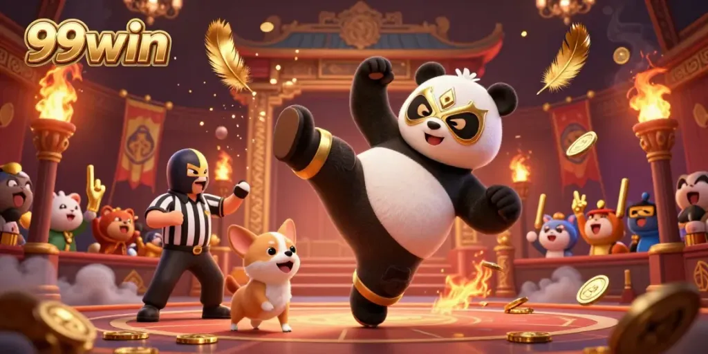 Engage in thrilling casino action with 99win's animated wrestling panda surrounded by cheering animal fans and vibrant elements.