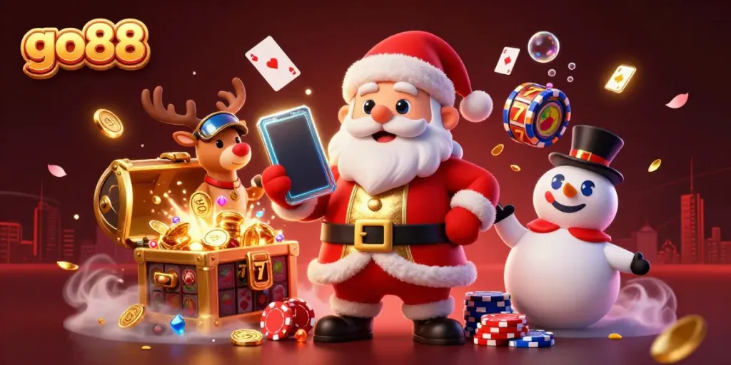 Spin to win at go88 with a vibrant 3D illustration featuring Santa and casino elements in action.