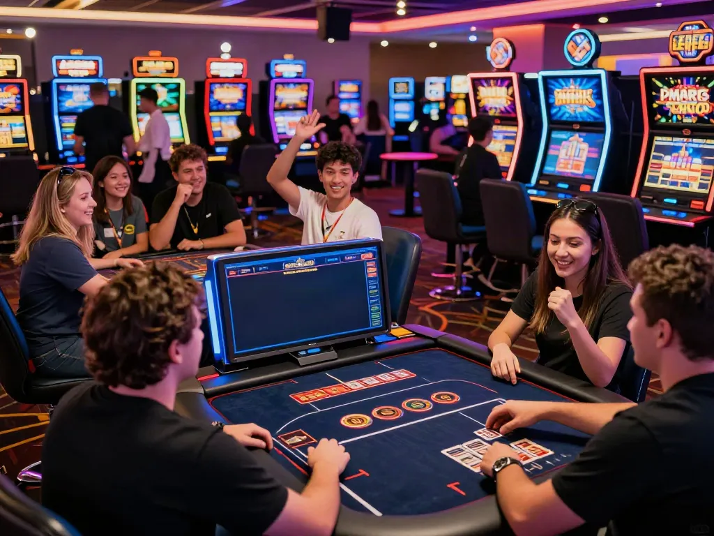 Engaging scene depicting players at a vibrant online casino not on GamStop, celebrating wins and enjoying various games.