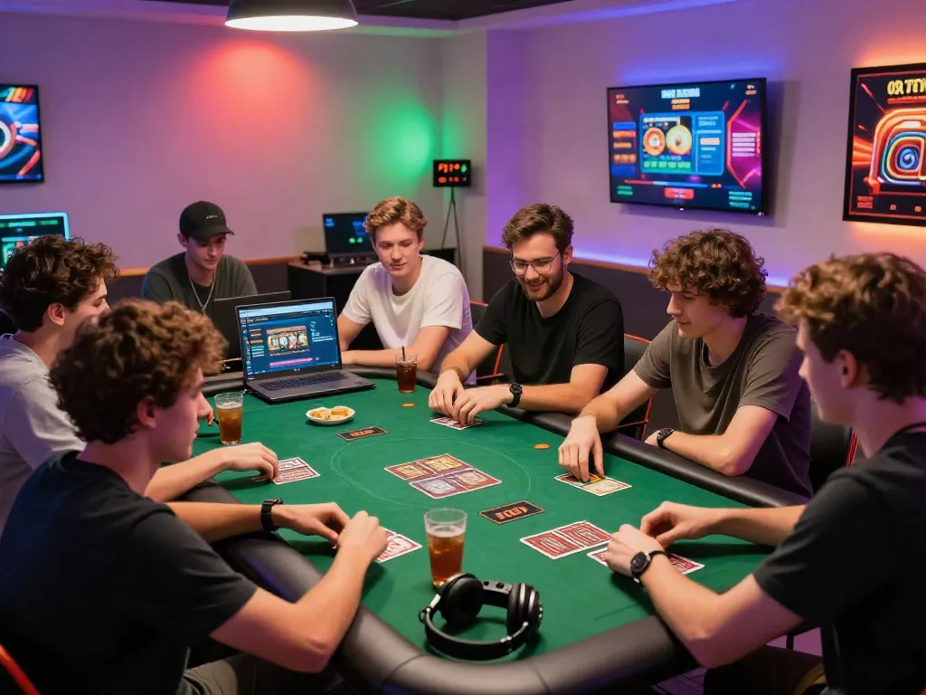uk online casino not on gamstop gaming scene with friends enjoying a lively card game.