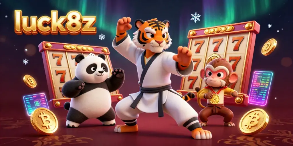 Engage with luck8z’s thrilling casino experience through a dynamic scene featuring a kung fu tiger master, panda disciple, and mischievous monkey amidst slot reels and shining crypto coins.