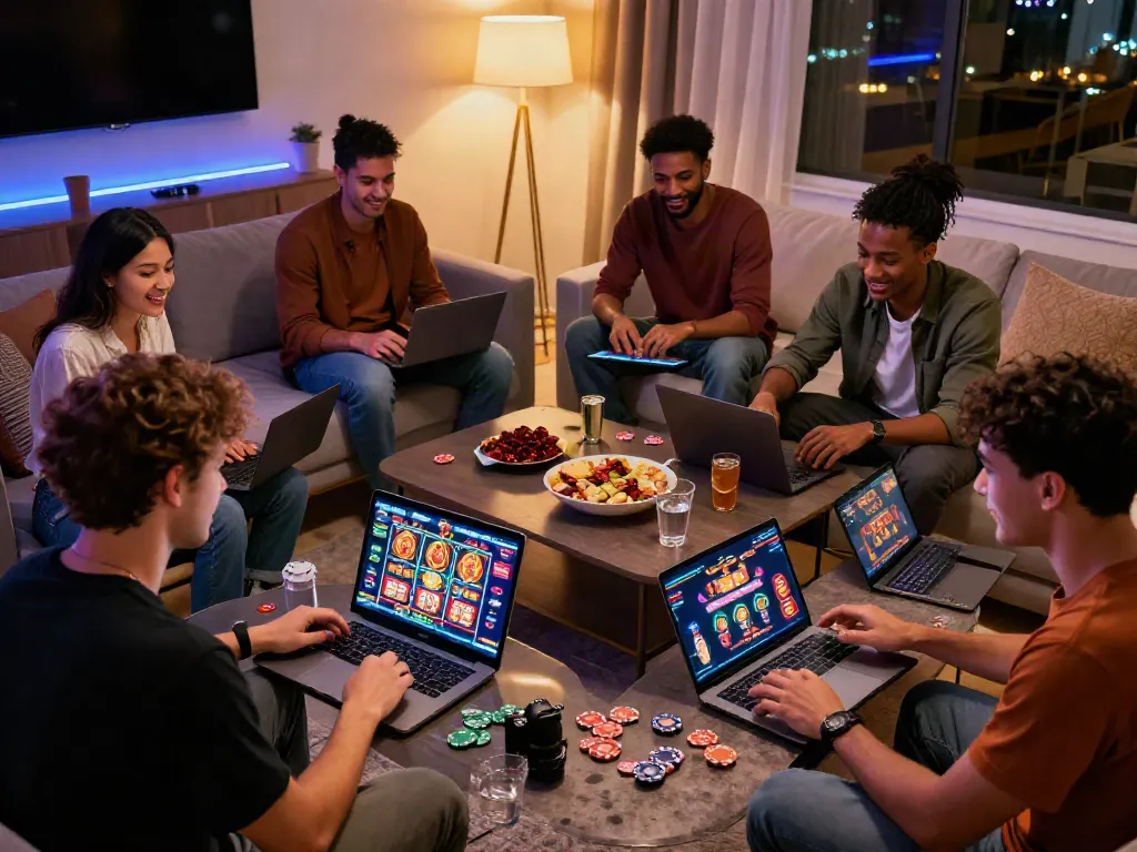 Friends enjoying an exciting gaming night with uk online casino not on gamstop in a cozy living room setting.