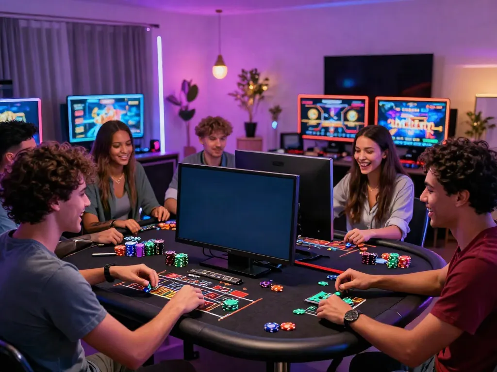 Exciting online casino experience highlighting friends playing uk online casino not on gamstop at home with vibrant decor