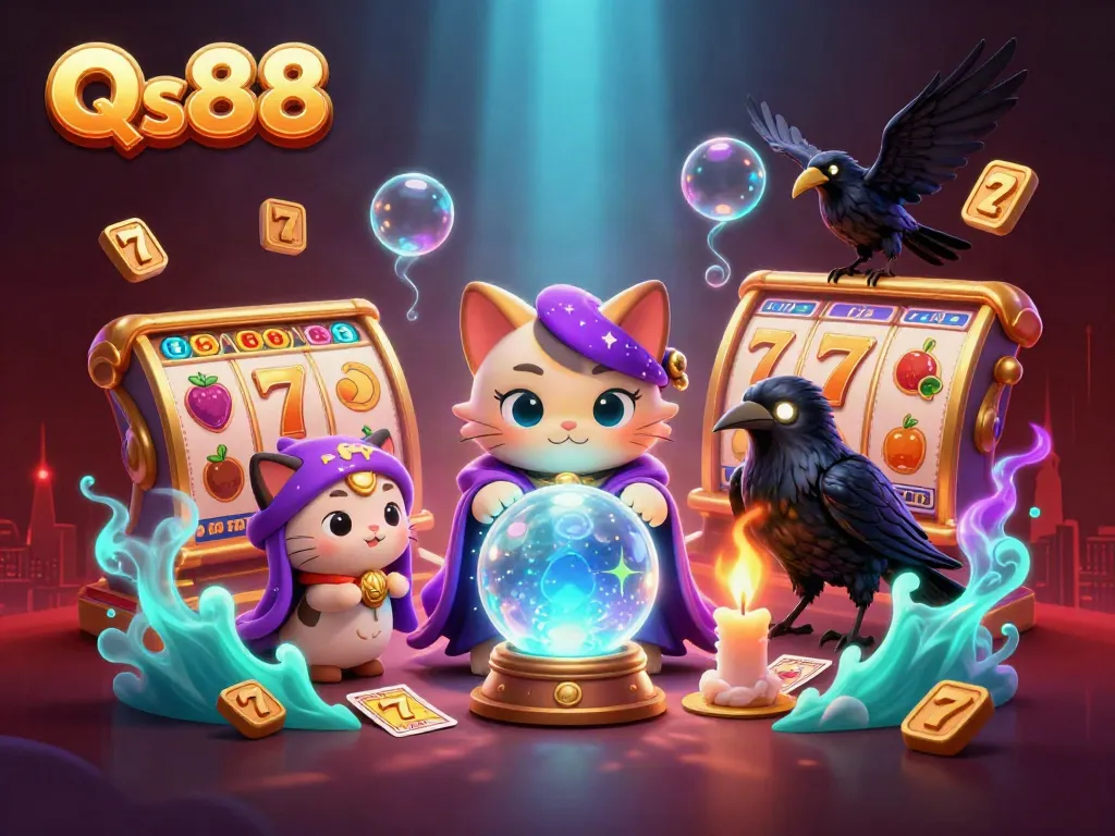 Experience the magic of Qs88 with a mystical scene, featuring fortune teller elements and slot symbols.