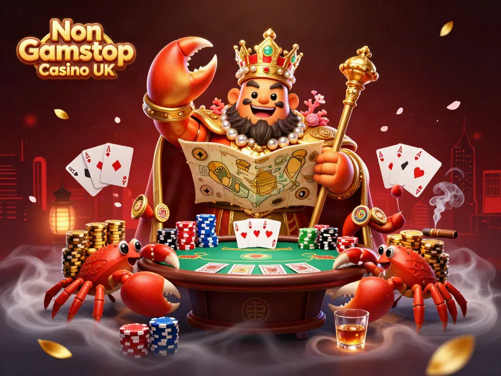 Engage in dynamic gaming with Non Gamstop Casino UK featuring a majestic golden crab emperor and vibrant casino elements.