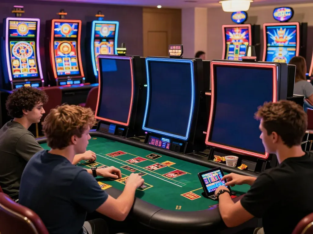 Players engaging with a uk online casino not on gamstop, surrounded by modern gaming devices.