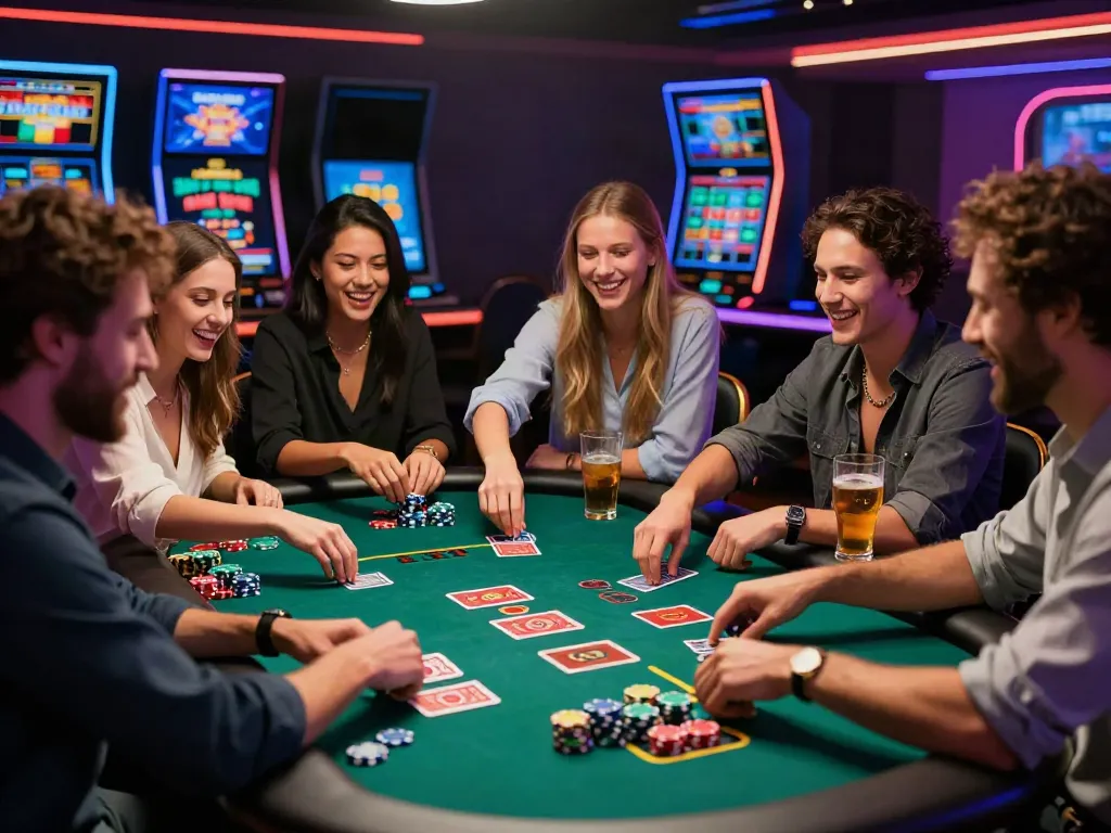 uk online casino not on gamstop scene with friends enjoying games, vibrant atmosphere, excitement captured