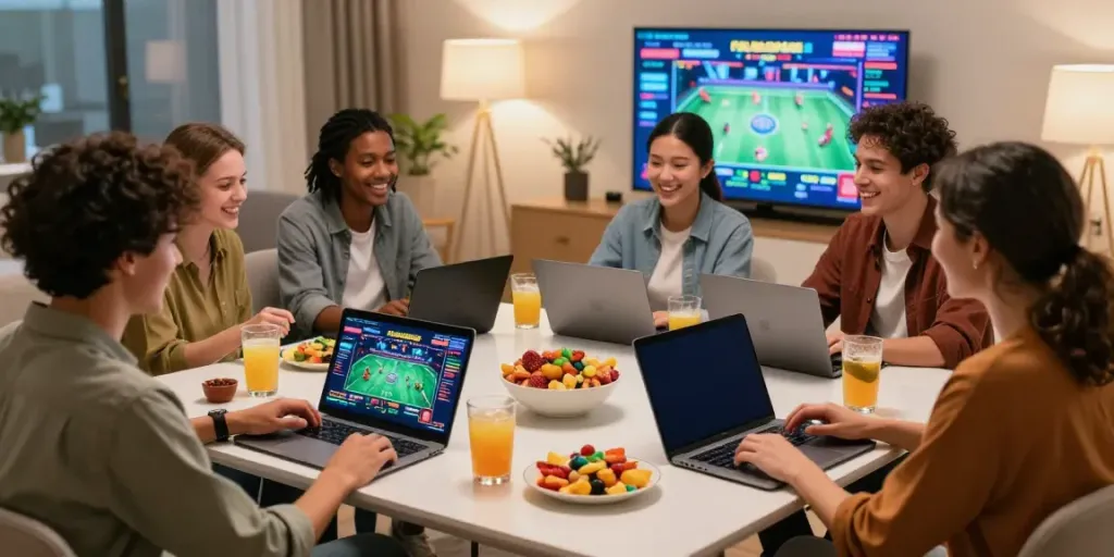 Friends enjoying online casino games not on GamStop in a cozy living room.