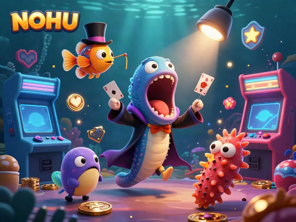 NOHU engages gamblers with vibrant 3D slot-themed creatures performing magic tricks in a colorful scene.