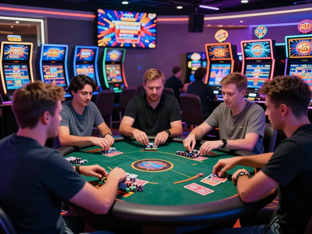 Players enjoying the excitement of a UK online casino not on Gamstop, with vibrant lights, chips, and action.