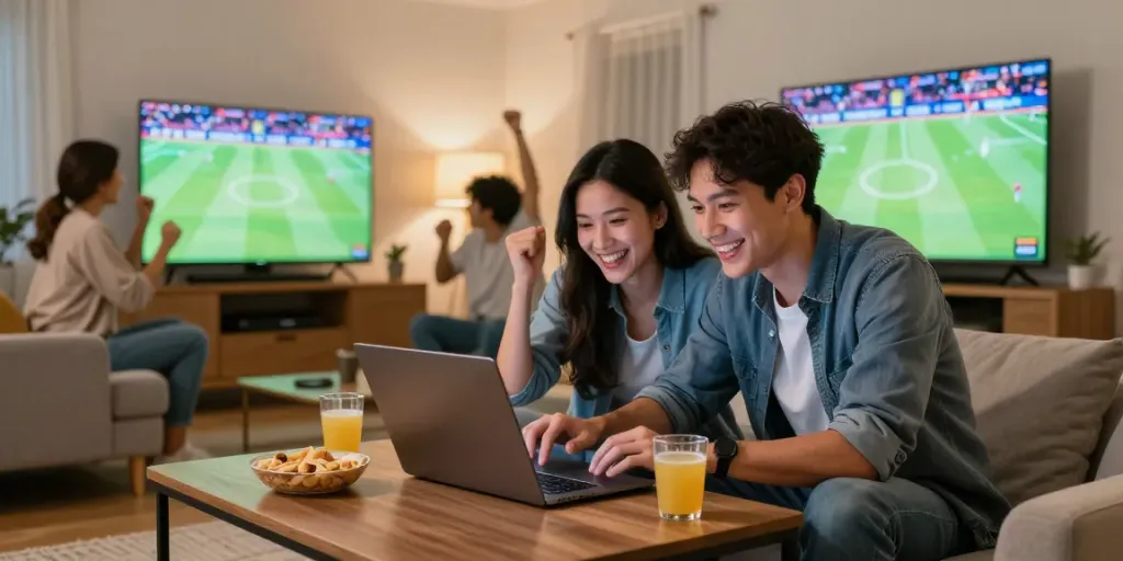 Couple enjoying 11 bet gaming experience in a lively living room setting.