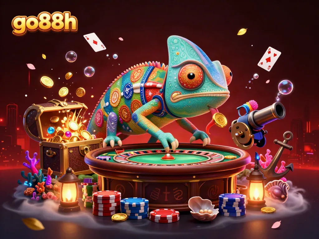 Enter the thrilling world of go88h with a vibrant 3D chameleon casino owner catching gold coins!
