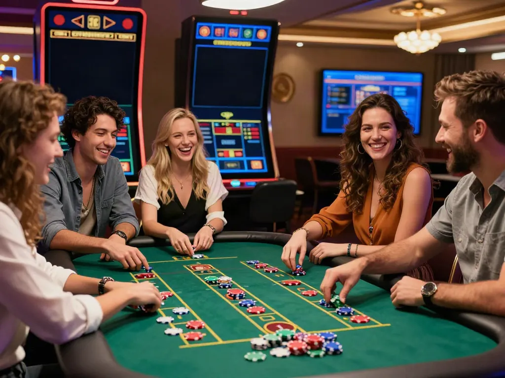 Exciting group of friends enjoying a game of roulette at a UK online casino not on Gamstop.