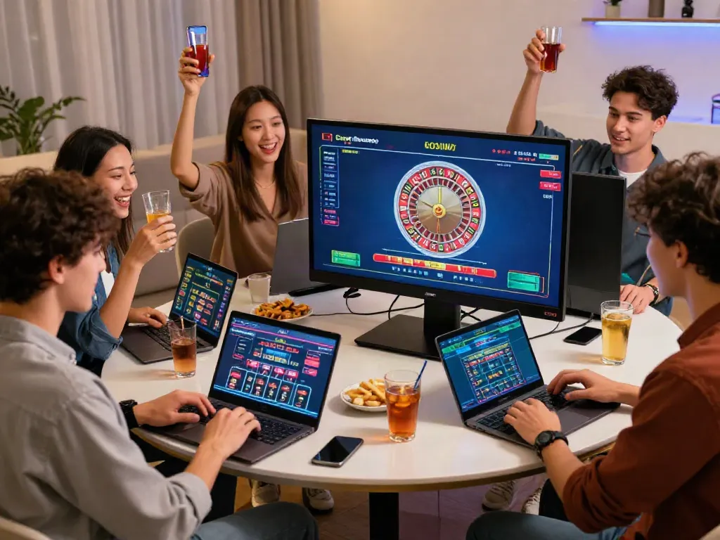 Exciting moment at a UK online casino not on GamStop with friends celebrating a win.