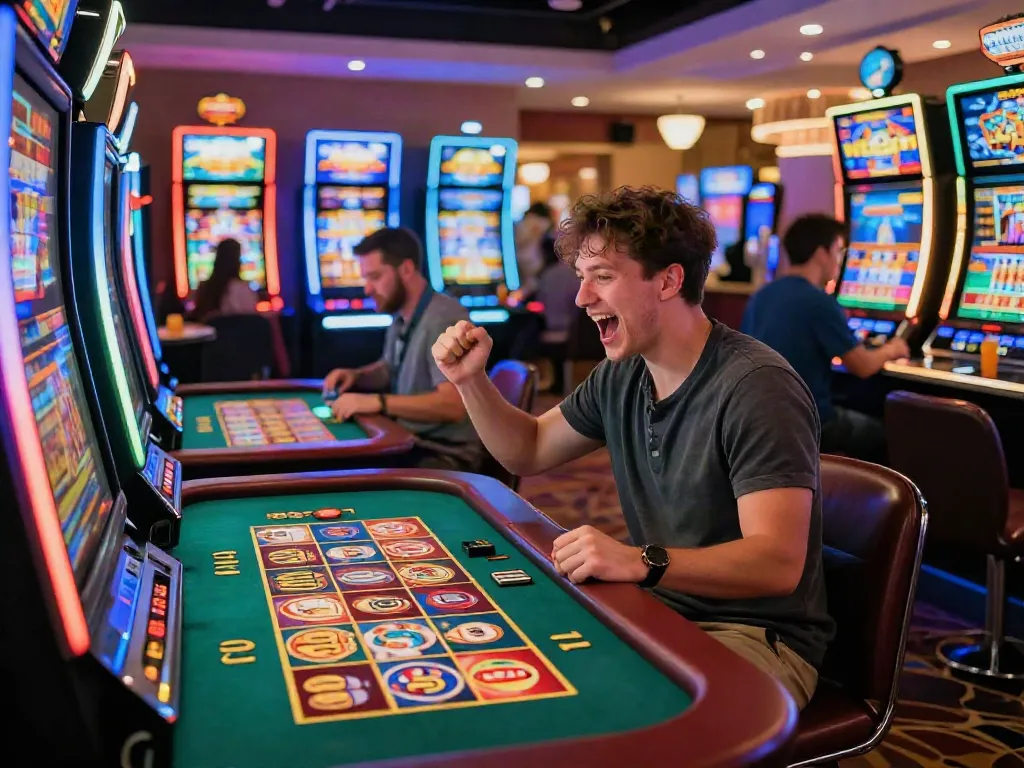 Player celebrating a win at a UK online casino not on GamStop amid vibrant gaming atmosphere.