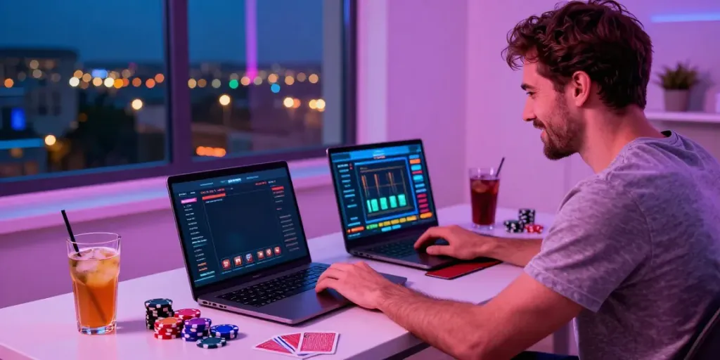 Engaged player at a uk online casino not on gamstop, enjoying home gaming with vibrant atmosphere.
