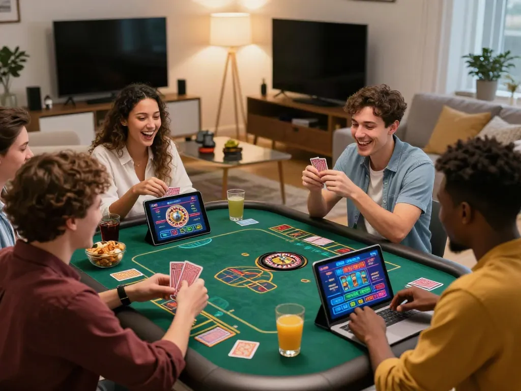 Friends enjoying gaming night with uk online casino not on gamstop theme in a cozy living room.