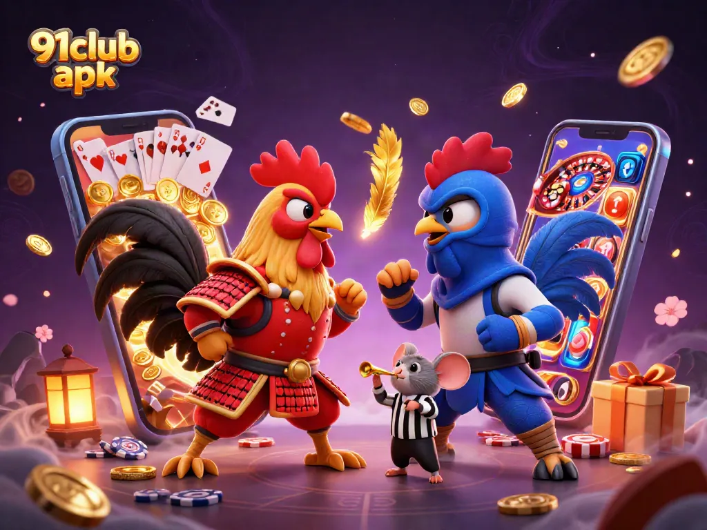 Win big with 91club apk in this colorful 3D scene of roosters, slots, and casino elements.