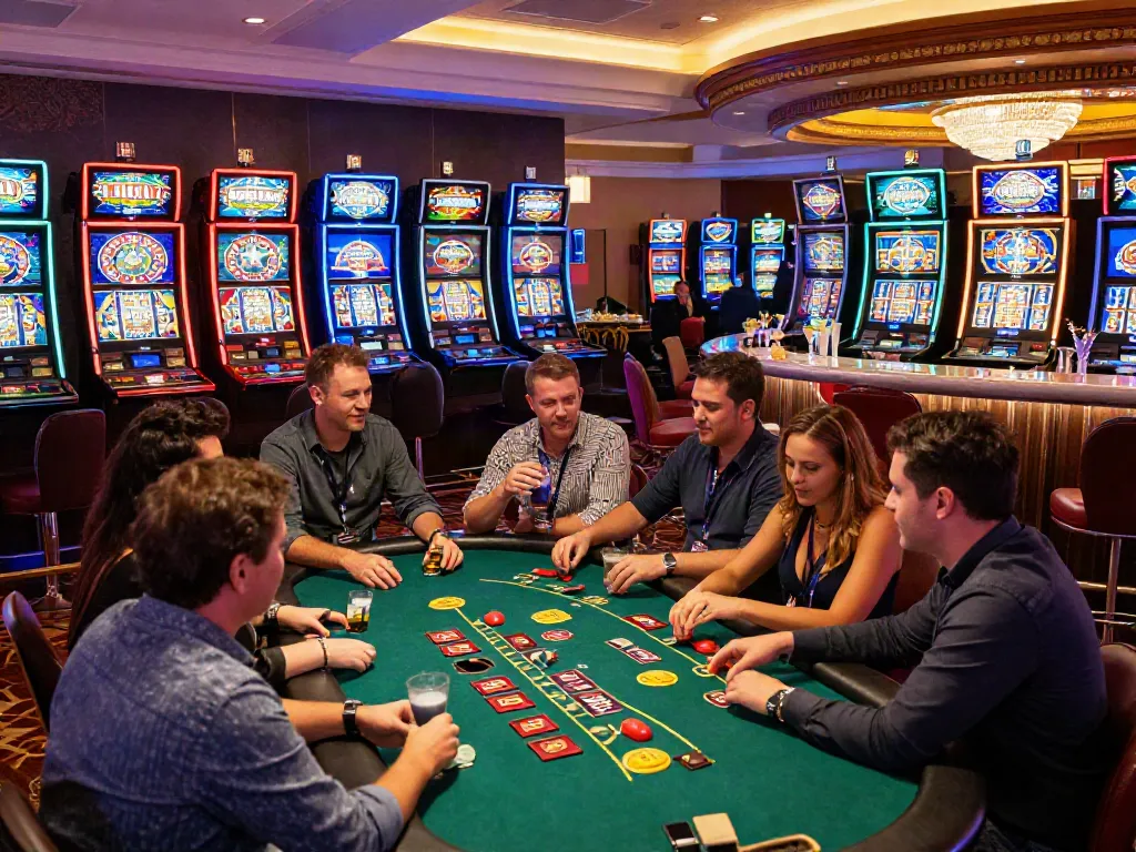 Experience the excitement at a uk online casino not on gamstop, lively players at gaming tables and bright slot machines