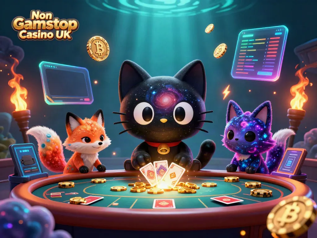 Engaging scene with Non Gamstop Casino UK theme featuring a cosmic cat and colorful fox amidst glowing crypto elements.