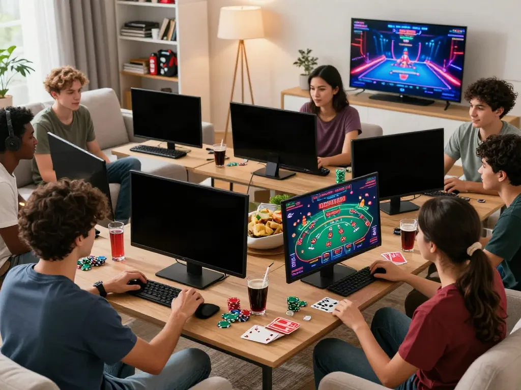 Friends enjoying a lively game night at home with uk online casino not on gamstop games on screen.