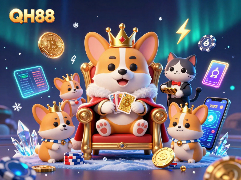 Win big with QH88! Royal corgi presides over poker chips with cryptocurrencies and vibrant gaming elements.