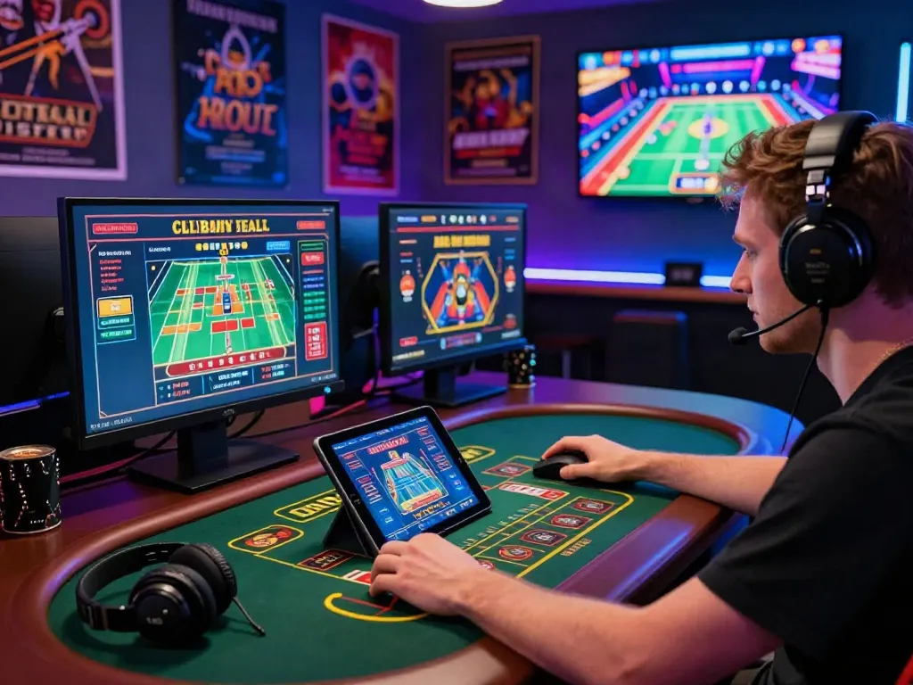 Player immersively engaging at a UK online casino not on GamStop with vibrant lighting and gaming accessories.