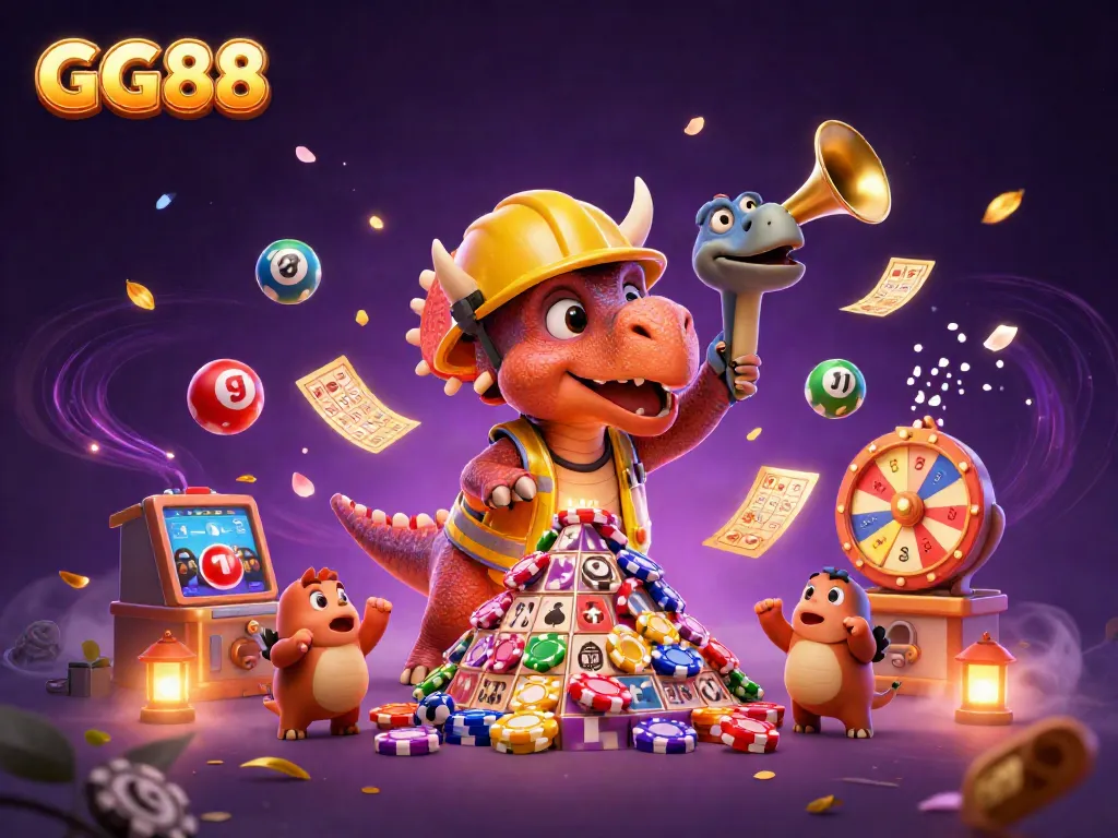 GG88 gameplay scene with a triceratops building poker chips and a parasaurolophus celebrating among vibrant casino elements.