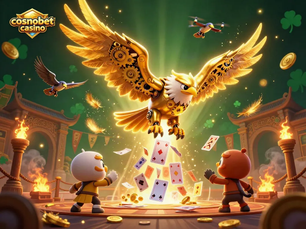 Experience the excitement of cosmobet casino with a golden eagle amidst holographic playing cards and rich casino elements.