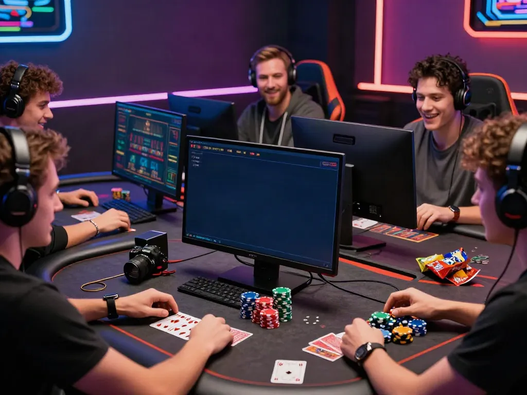 Group enjoying a game at a uk online casino not on gamstop table with chips and cards.