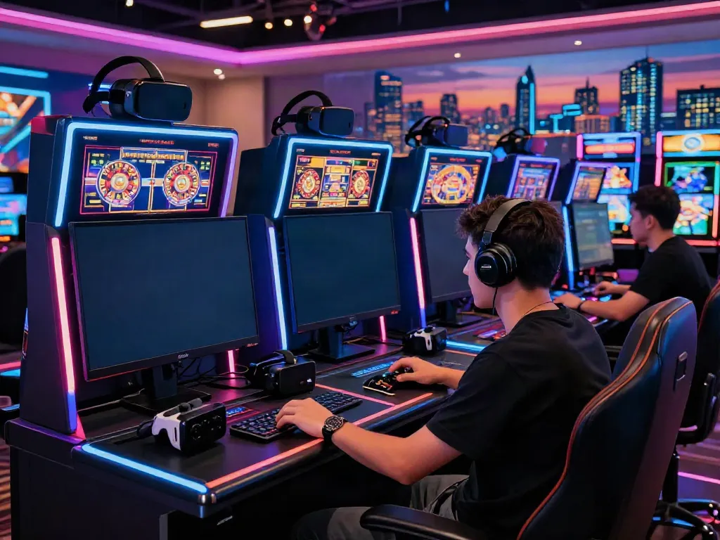 Engaging online casino player at a vibrant workstation, showcasing games not on GamStop.