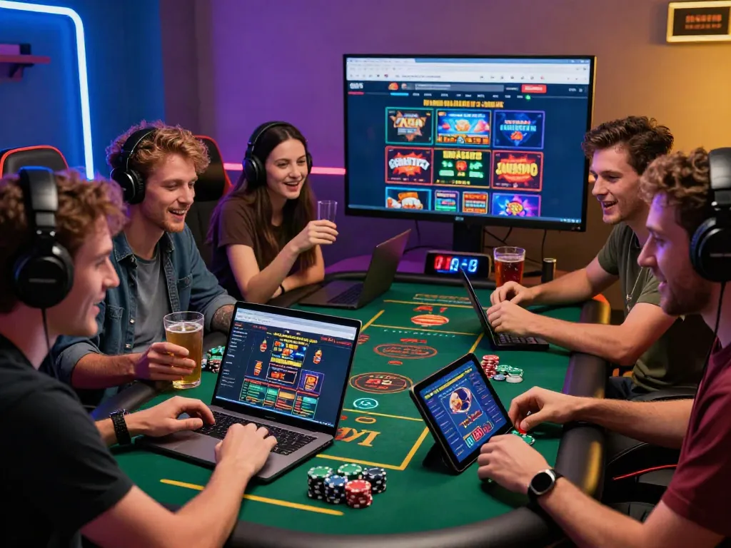 Excited gamers enjoying UK online casinos not on GamStop with vibrant lighting and accessories.