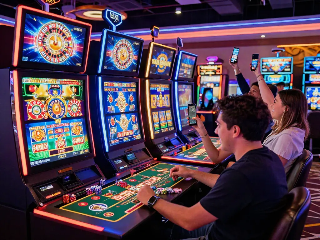 Dynamic scene of a player enjoying an engaging game at a UK online casino not on GamStop, surrounded by friends and vibrant gaming atmosphere.