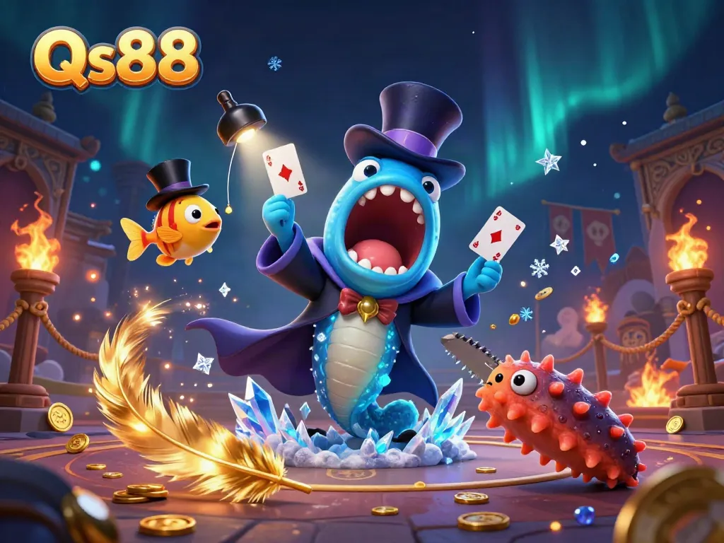 Experience Qs88 in a magical underwater casino scene with enchanting sea creatures performing tricks.