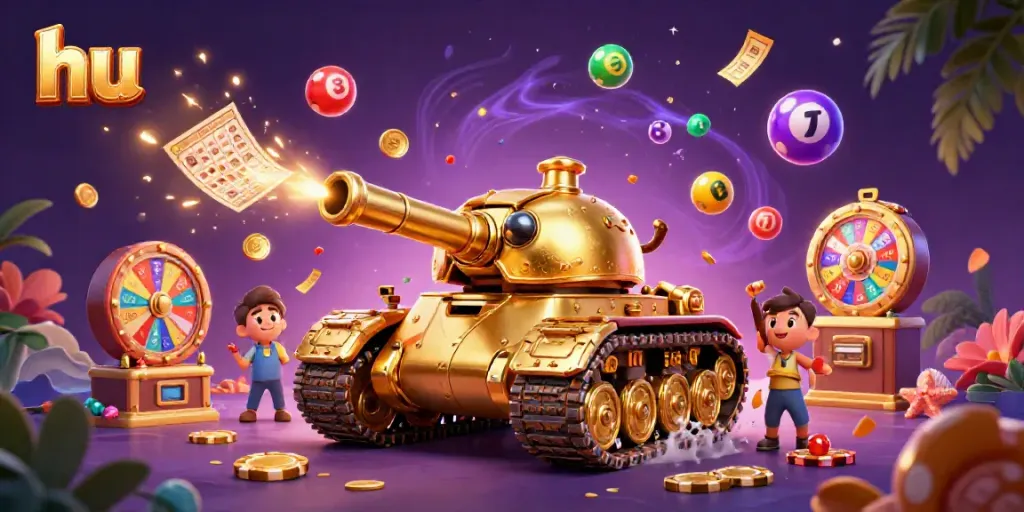 Engage with hu in an imaginative casino world, showcasing a golden beetle tank and dynamic game elements.