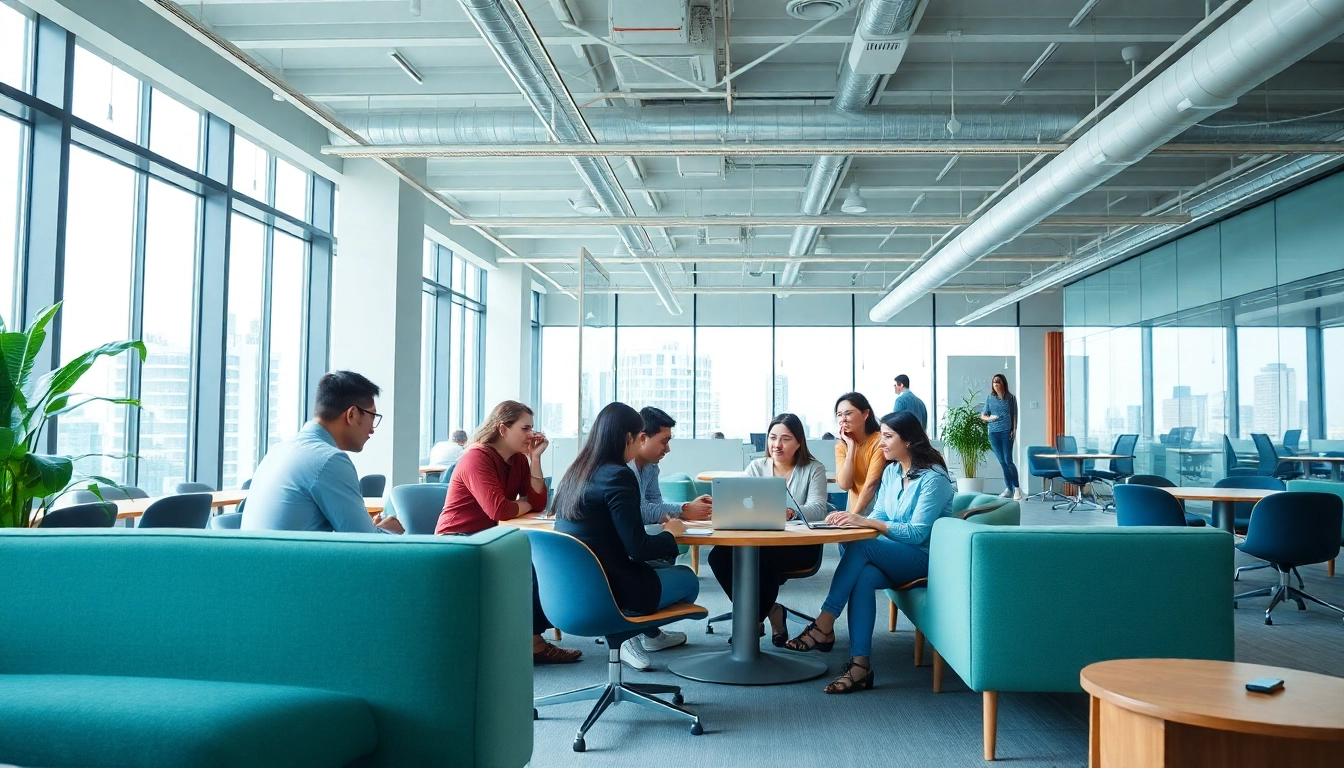 Dynamic co-working space representing innovation at open88.com with diverse professionals collaborating.