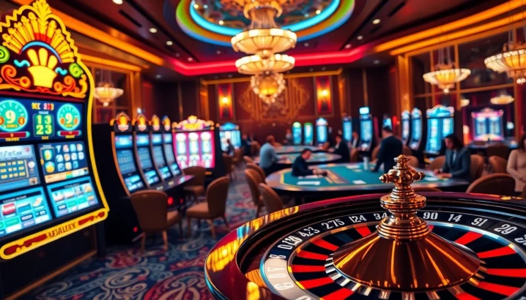 Experience the excitement of gaming at 8Kbet's vibrant casino with players and slot machines.