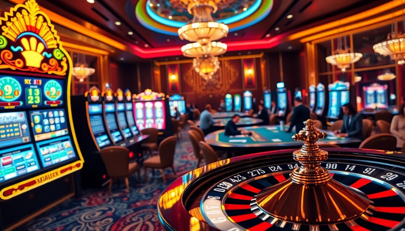Experience the excitement of gaming at 8Kbet's vibrant casino with players and slot machines.