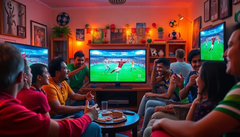 Excited fans enjoying a live soccer match on joemadfan.com in a vibrant, cozy setting.