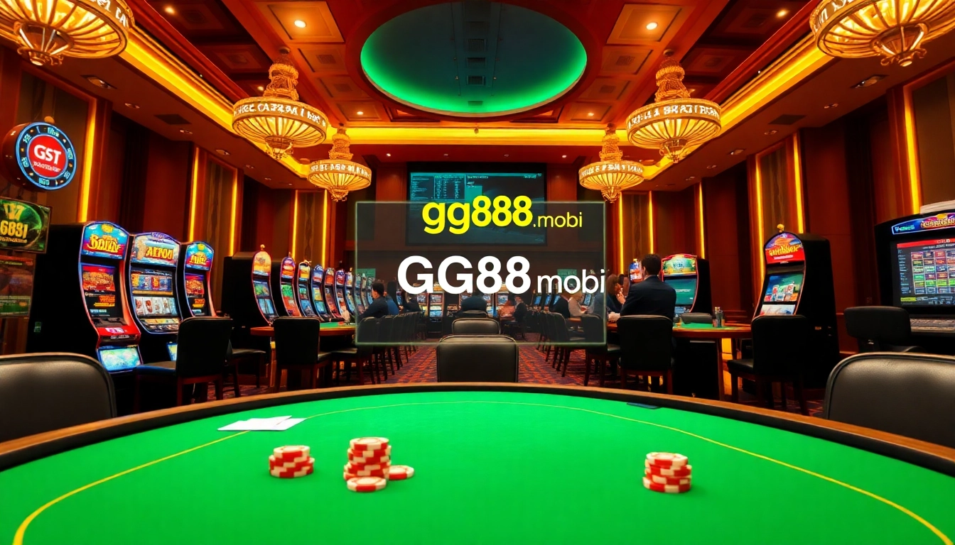 Exciting gambling scene showcasing https://gg88.mobi/ with casino tables and slot machines.