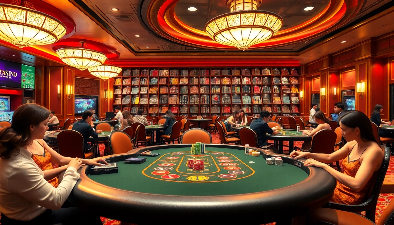 Experience thrilling j88 poker action in a luxurious casino setting with engaged players and vibrant chips.