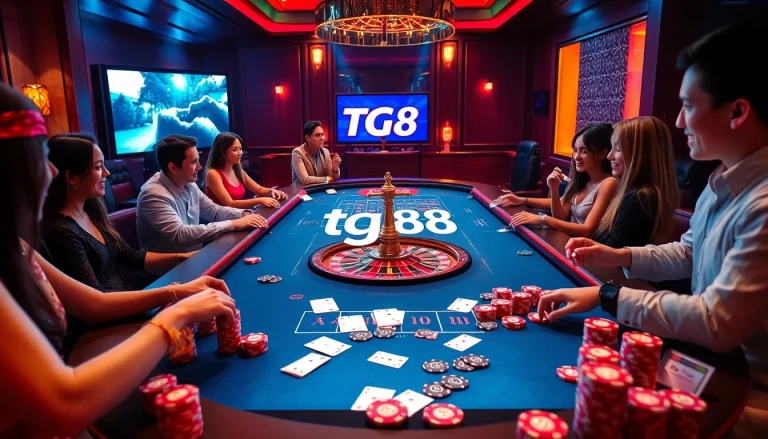 Players engage in thrilling gambling action at tg88's luxurious casino table, showcasing strategy and excitement.